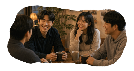 카페 테이블에서 편안하게 이야기를 나누는 청년 네 명